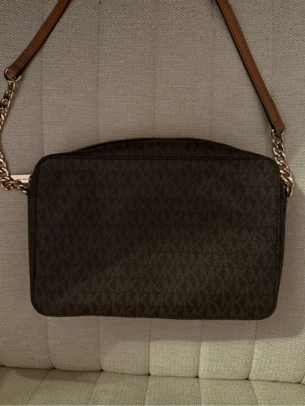 MICHAEL KORS Black Crossbody with Gold Stud Accents and Tan Strap